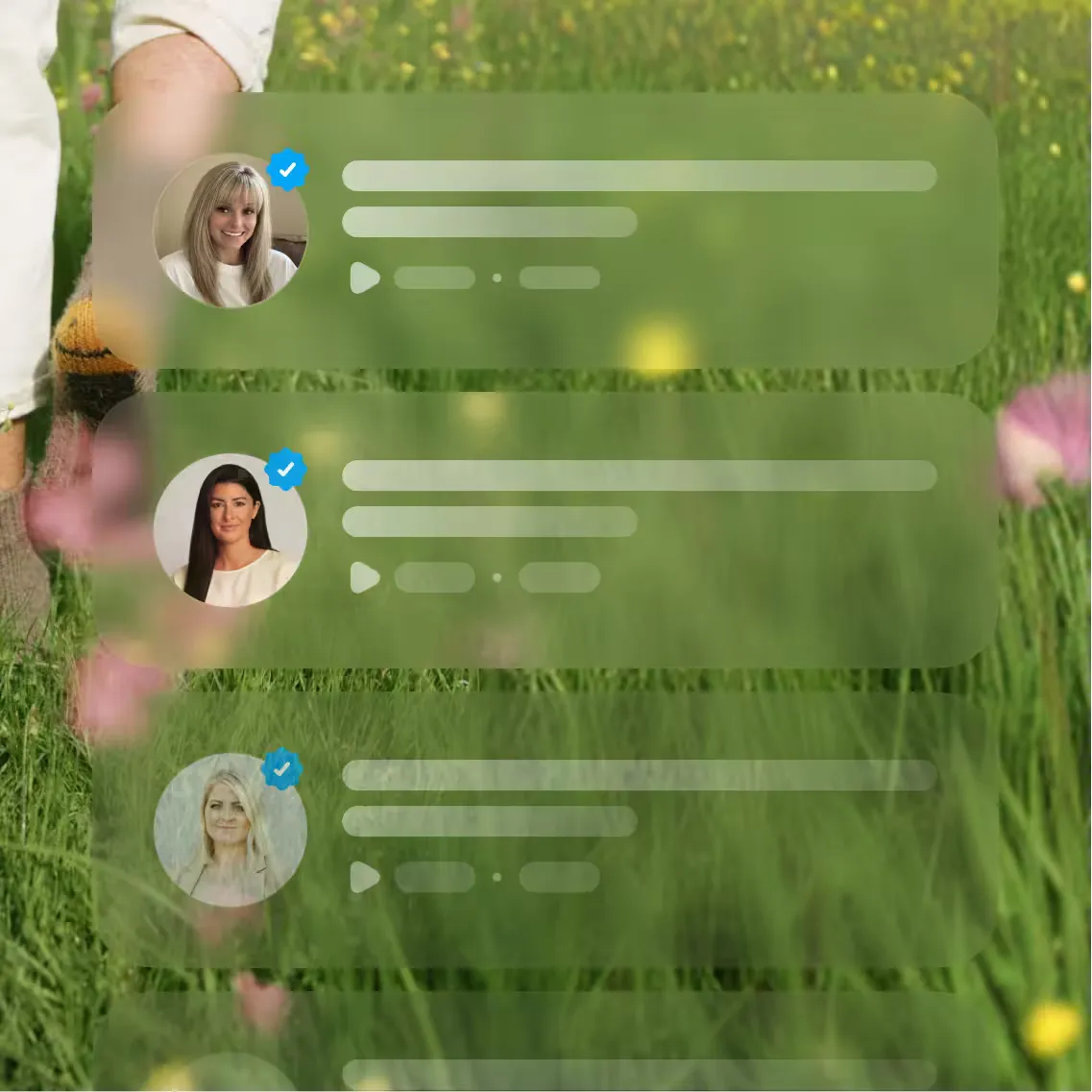List of guided audio sessions with host photos and play buttons over a grassy, flowery background