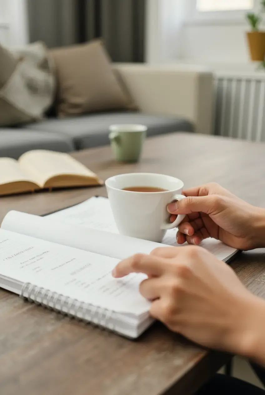 a cozy modern setting with a close up of hands holding a cup of tea an open notebook on the table