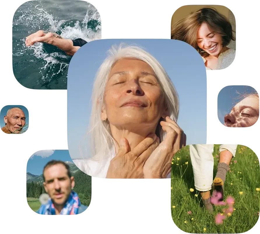 Older woman with white hair enjoying the sun, surrounded by smaller photos of people smiling, swimming, and walking in nature.