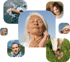 Older woman with white hair enjoying the sun, surrounded by smaller photos of people smiling, swimming, and walking in nature.