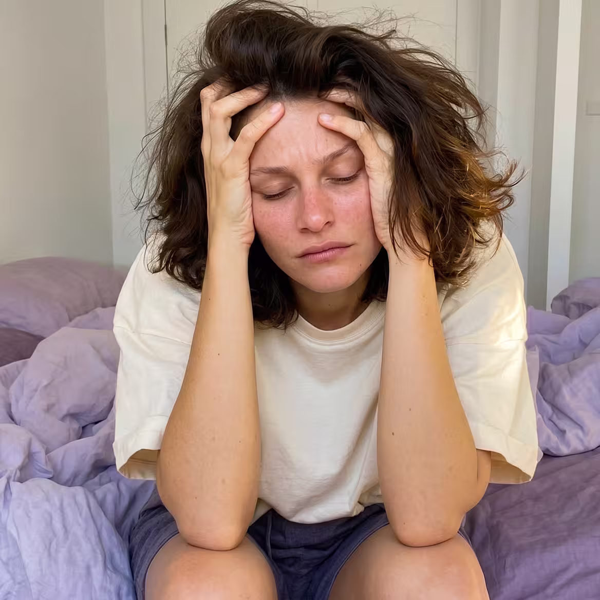 Woman sitting on a bed with her head in her hands, feeling overwhelmed after a breakup
