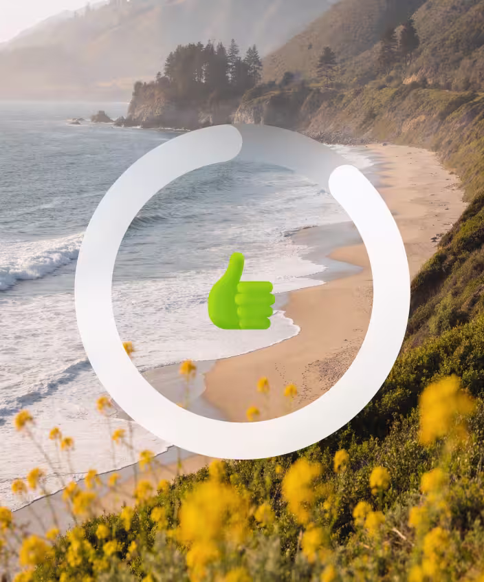 Mood check-in circle with thumbs-up icon over a coastal beach photo